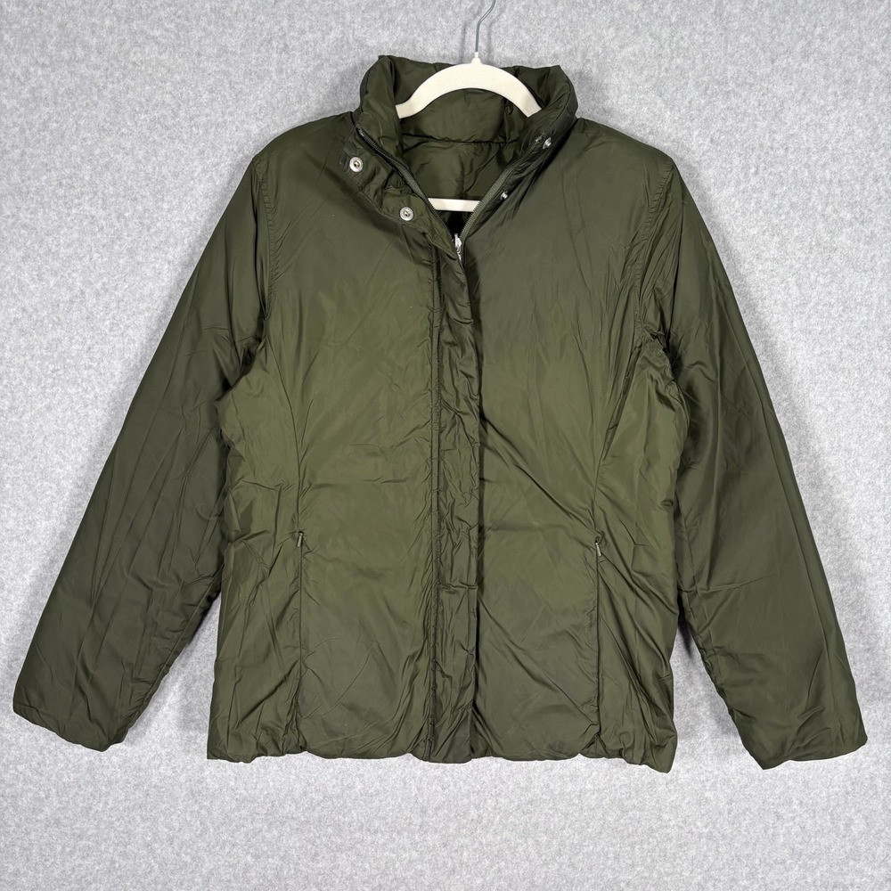 Lands End Reversible Down Puffer Jacket Small Nylon Quilted Coat Army Olive Warm